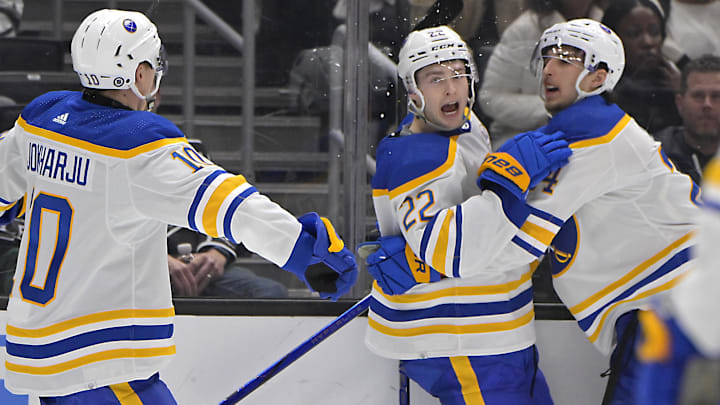 Jan 24, 2024; Los Angeles, California, USA; Buffalo Sabres center Dylan Cozens (24) is congratulated