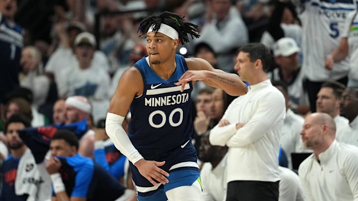 May 26, 2025; Minneapolis, Minnesota, USA; Minnesota Timberwolves guard Terrence Shannon Jr. (00) reacts against the Oklahoma City Thunder in the first half during game four of the western conference finals for the 2025 NBA Playoffs at Target Center. Mandatory Credit: Jesse Johnson-Imagn Images