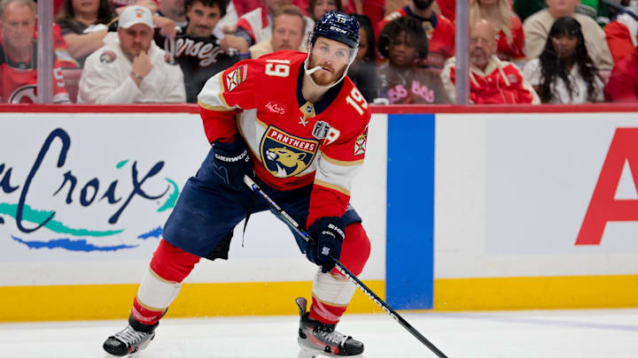 Jun 17, 2025; Sunrise, Florida, USA; Florida Panthers left wing Matthew Tkachuk (19) controls the puck against the Edmonton Oilers during the second period in game six of the 2025 Stanley Cup Final at Amerant Bank Arena. Mandatory Credit: Sam Navarro-Imagn Images