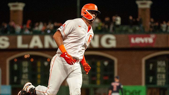Sep 12, 2023; San Francisco, California, USA; San Francisco Giants catcher Blake Sabol (2) rounds third base after hitting a home run during the fifth inning against the Cleveland Guardians at Oracle Park. Mandatory Credit: Ed Szczepanski-Imagn Images