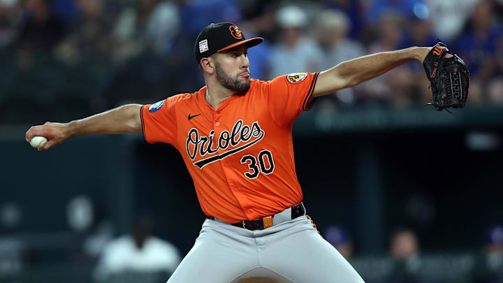 Jul 20, 2024; Arlington, Texas, USA; Baltimore Orioles pitcher Grayson Rodriguez (30) throws against the Texas Rangers in the first inning at Globe Life Field.