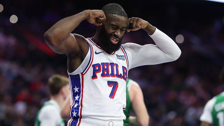 Oct 16, 2026; Philadelphia, Pennsylvania, USA; Philadelphia 76ers guard Jaylen Brown (7) reacts to his score in a game against the Boston Celtics at Xfinity Mobile Arena. Mandatory Credit: Bill Streicher-Imagn Images Oct 16, 2026; Philadelphia, Pennsylvania, USA; Philadelphia 76ers guard Jaylen Brown (7) reacts to his score in a game against the Boston Celtics at Xfinity Mobile Arena. Mandatory Credit: Bill Streicher-Imagn Images