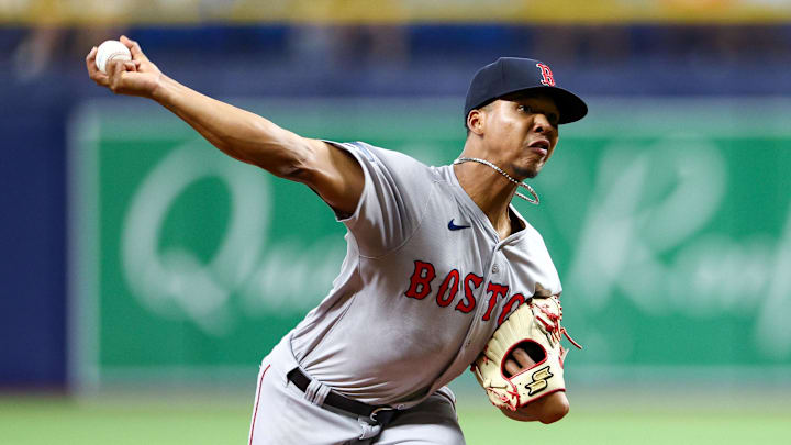 St. Petersburg, Florida, USA; Boston Red Sox pitcher Brayan Bello (66) throws a pitch against the Tampa Bay Rays in the second inning at Tropicana Field. St. Petersburg, Florida, USA; Boston Red Sox pitcher Brayan Bello (66) throws a pitch against the Tampa Bay Rays in the second inning at Tropicana Field.