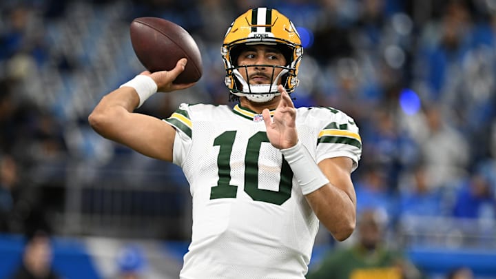 Dec 5, 2024; Detroit, Michigan, USA; Green Bay Packers quarterback Jordan Love (10) throws passes during pregame warmups before their game against the Detroit Lions at Ford Field. Mandatory Credit: Lon Horwedel-Imagn Images