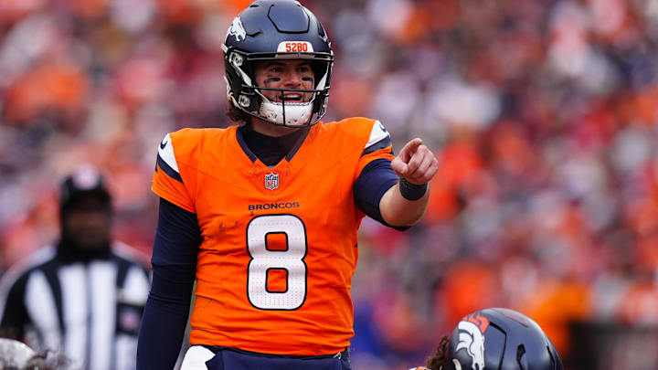 Jan 25, 2026; Denver, CO, USA; Denver Broncos quarterback Jarrett Stidham (8) reacts during the first half in the 2026 AFC Championship Game at Empower Field at Mile High. Jan 25, 2026; Denver, CO, USA; Denver Broncos quarterback Jarrett Stidham (8) reacts during the first half in the 2026 AFC Championship Game at Empower Field at Mile High.