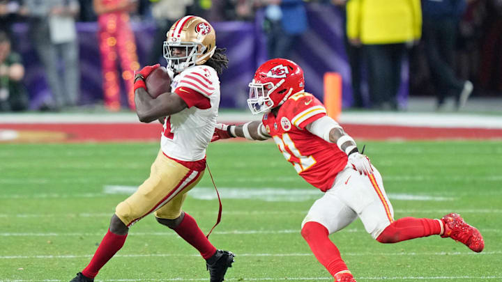 Feb 11, 2024; Paradise, Nevada, USA; San Francisco 49ers wide receiver Brandon Aiyuk (11) makes a