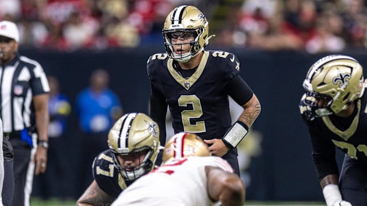 Sep 14, 2025; New Orleans, Louisiana, USA; New Orleans Saints quarterback Spencer Rattler (2) against the San Francisco 49ers during the first half at Caesars Superdome. Mandatory Credit: Stephen Lew-Imagn Images