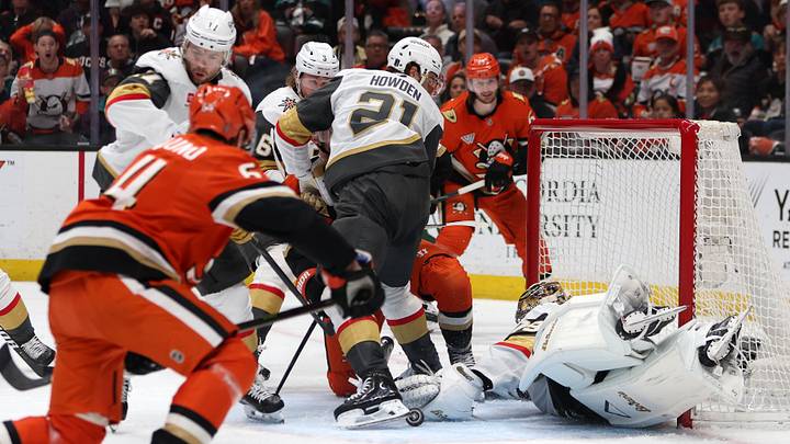 May 14, 2026; Anaheim, California, USA; Vegas Golden Knights goaltender Carter Hart (79) dives to save the puck during the second period against the Anaheim Ducks in game six of the second round of the 2026 Stanley Cup Playoffs at Honda Center. Mandatory Credit: Kiyoshi Mio-Imagn Images
