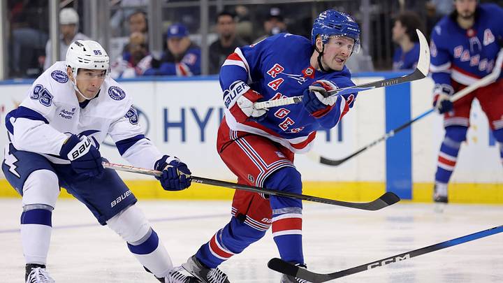 Oct 13, 2026; New York, New York, USA; New York Rangers left wing Alexis Lafreniere (13) follows through on a shot against Tampa Bay Lightning right wing Ilya Mikheyev (95) during the third period at Madison Square Garden. Mandatory Credit: Brad Penner-Imagn Images Oct 13, 2026; New York, New York, USA; New York Rangers left wing Alexis Lafreniere (13) follows through on a shot against Tampa Bay Lightning right wing Ilya Mikheyev (95) during the third period at Madison Square Garden. Mandatory Credit: Brad Penner-Imagn Images