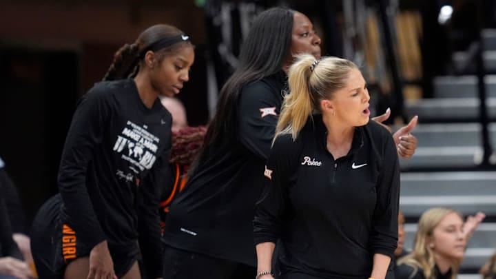 Oklahoma State head women's basketball coach Jacie Hoyt reacts to a call in the first half of the college basketball game between the Oklahoma State University Cowgirls and the Colorado Buffaloes at Gallagher-Iba Arena in Stillwater, Okla., Saturday, Feb., 22, 2025.