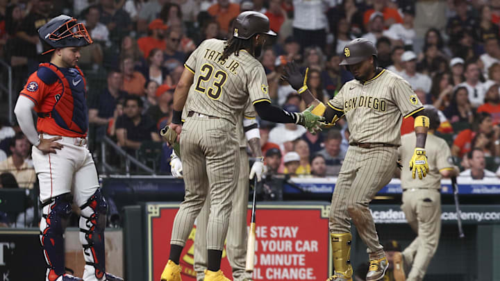 Apr 18, 2025; Houston, Texas, USA; San Diego Padres first baseman Luis Arraez (4) celebrates with right fielder Fernando Tatis Jr. (23) after hitting a home run during the seventh inning against the Houston Astros at Daikin Park. Mandatory Credit: Troy Taormina-Imagn Images Apr 18, 2025; Houston, Texas, USA; San Diego Padres first baseman Luis Arraez (4) celebrates with right fielder Fernando Tatis Jr. (23) after hitting a home run during the seventh inning against the Houston Astros at Daikin Park. Mandatory Credit: Troy Taormina-Imagn Images