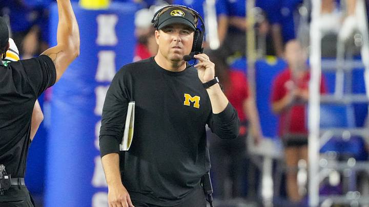Sep 11, 2026; Lawrence, Kansas, USA; Missouri Tigers head coach Eli Drinkwitz on the sidelines against the Kansas Jayhawks during the second half of the game at David Booth Kansas Memorial Stadium. Mandatory Credit: Denny Medley-Imagn Images Sep 11, 2026; Lawrence, Kansas, USA; Missouri Tigers head coach Eli Drinkwitz on the sidelines against the Kansas Jayhawks during the second half of the game at David Booth Kansas Memorial Stadium. Mandatory Credit: Denny Medley-Imagn Images