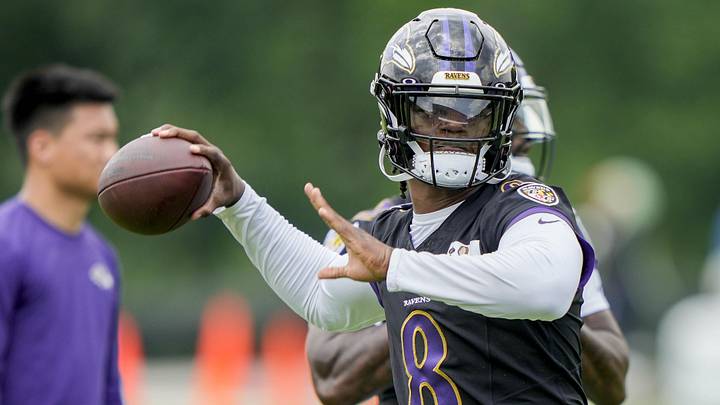 Jul 27, 2023; Owings Mills, MD, USA; Baltimore Ravens quarterback Lamar Jackson (8) passes the ball during training camp practice at Under Armour Performance Center. Mandatory Credit: Brent Skeen-Imagn Images Jul 27, 2023; Owings Mills, MD, USA; Baltimore Ravens quarterback Lamar Jackson (8) passes the ball during training camp practice at Under Armour Performance Center. Mandatory Credit: Brent Skeen-Imagn Images