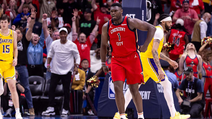 Apr 16, 2024; New Orleans, Louisiana, USA; New Orleans Pelicans forward Zion Williamson (1) reacts