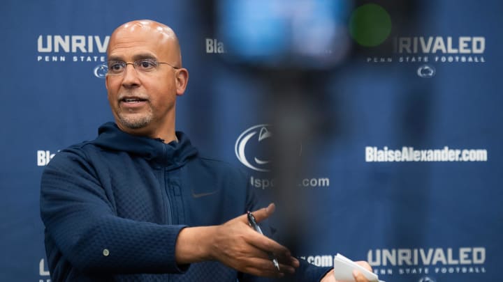Penn State head football coach James Franklin answers a question during a press conference in Holuba Hall.