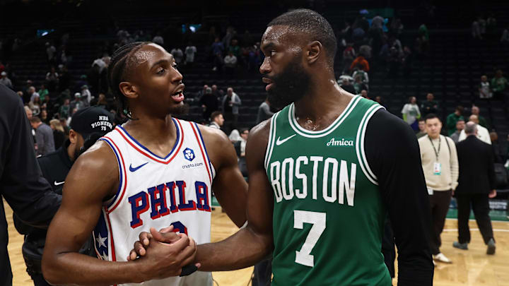 May 2, 2026; Boston, Massachusetts, USA; Philadelphia 76ers guard Tyrese Maxey (0) talks with Boston Celtics guard Jaylen Brown (7)after Philadephia’s win in game seven of the first round of the 2026 NBA Playoffs at TD Garden. Mandatory Credit: Winslow Townson-Imagn Images