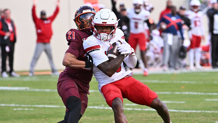 Nov 1, 2025; Blacksburg, Va.; Louisville wide receiver Caullin Lacy (5) catches a pass.