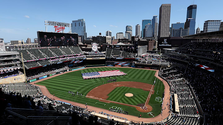 Jul 4, 2025; Minneapolis, Minnesota, USA; A general view of Target Field during the National Anthem prior to the game between the Minnesota Twins and the Tampa Bay Rays.