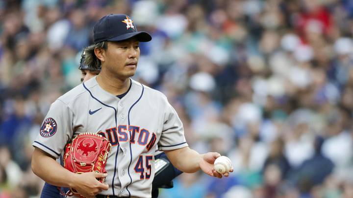 Houston Astros starting pitcher Tatsuya Imai (45) departs the mound. 