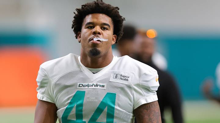 Miami Dolphins linebacker Chop Robinson (44) looks on during practice at the Baptist Health Training Complex. Miami Dolphins linebacker Chop Robinson (44) looks on during practice at the Baptist Health Training Complex.