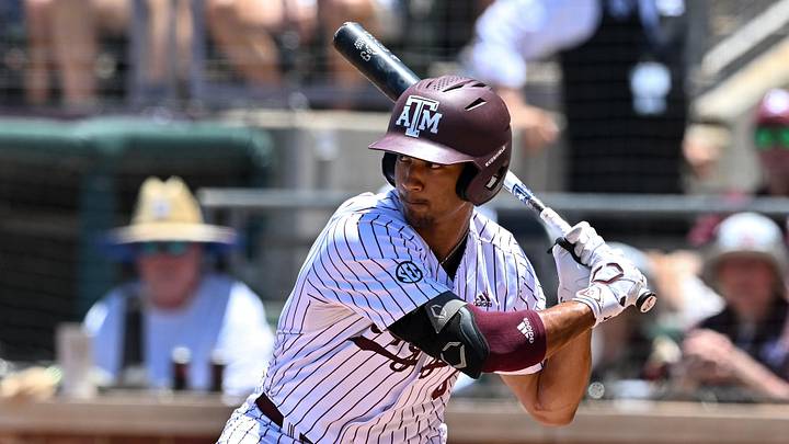 Jun 8, 2024; College Station, TX, USA; Texas A&M outfielder Braden Montgomery (6) at bat during the first inning against the Oregon at Olsen Field, Blue Bell Park Mandatory Credit: Maria Lysaker-Imagn Images Jun 8, 2024; College Station, TX, USA; Texas A&M outfielder Braden Montgomery (6) at bat during the first inning against the Oregon at Olsen Field, Blue Bell Park Mandatory Credit: Maria Lysaker-Imagn Images