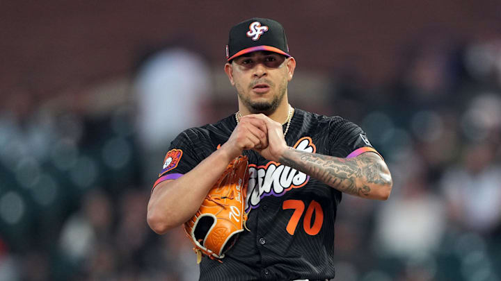 Aug 16, 2025; San Francisco, California, USA; San Francisco Giants relief pitcher Jose Butto (70) during the eighth inning against the Tampa Bay Rays at Oracle Park. Mandatory Credit: Darren Yamashita-Imagn Images