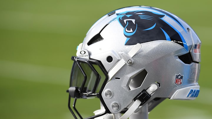 Dec 8, 2024; Philadelphia, Pennsylvania, USA; Carolina Panthers helmet rests on the bench against the Philadelphia Eagles at Lincoln Financial Field. Mandatory Credit: Eric Hartline-Imagn Images