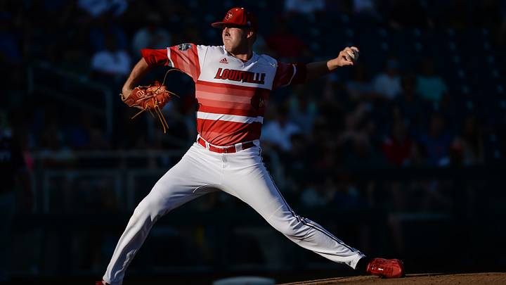 Jun 20, 2019; Omaha, NE, USA; Louisville Cardinals pitcher Nick Bennett (8) pitches in the first inning against the Mississippi State Bulldogs in the 2019 College World Series at TD Ameritrade Park. Mandatory Credit: Steven Branscombe-USA TODAY Sports Jun 20, 2019; Omaha, NE, USA; Louisville Cardinals pitcher Nick Bennett (8) pitches in the first inning against the Mississippi State Bulldogs in the 2019 College World Series at TD Ameritrade Park. Mandatory Credit: Steven Branscombe-USA TODAY Sports
