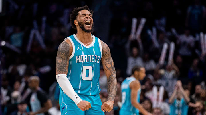 Mar 8, 2025; Charlotte, North Carolina, USA; Charlotte Hornets forward Miles Bridges (0) celebrates after taking the lead against the Brooklyn Nets during the fourth quarter at Spectrum Center. Mandatory Credit: Scott Kinser-Imagn Images Mar 8, 2025; Charlotte, North Carolina, USA; Charlotte Hornets forward Miles Bridges (0) celebrates after taking the lead against the Brooklyn Nets during the fourth quarter at Spectrum Center. Mandatory Credit: Scott Kinser-Imagn Images
