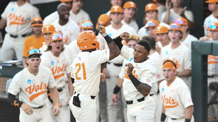 Tennessee's Christian Moore (1) and Kavares Tears (21) celebrate Tears' home run against Southern Miss in the NCAA Baseball Tournament's Knoxville Regional on Sunday, June 2, 2024 in Knoxville, Tenn.