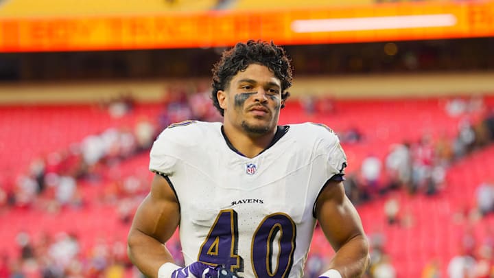 Sep 28, 2025; Kansas City, Missouri, USA; Baltimore Ravens linebacker Teddye Buchanan (40) leaves the field after a game against the Kansas City Chiefs at GEHA Field at Arrowhead Stadium. Mandatory Credit: Jay Biggerstaff-Imagn Images Sep 28, 2025; Kansas City, Missouri, USA; Baltimore Ravens linebacker Teddye Buchanan (40) leaves the field after a game against the Kansas City Chiefs at GEHA Field at Arrowhead Stadium. Mandatory Credit: Jay Biggerstaff-Imagn Images