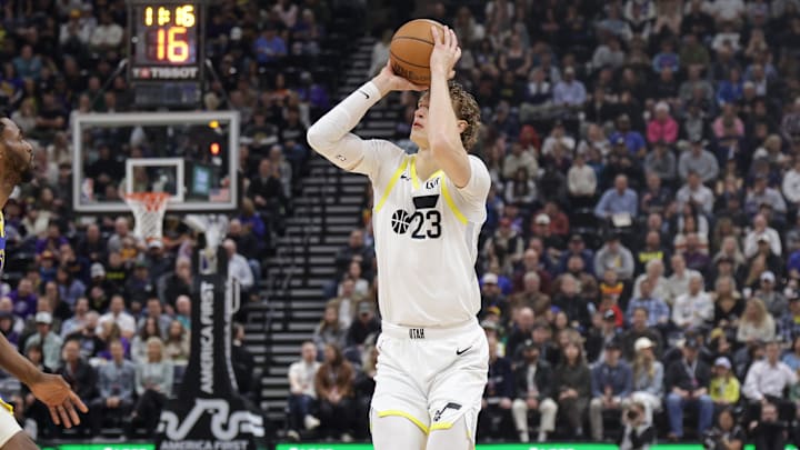 Feb 15, 2024; Salt Lake City, Utah, USA; Utah Jazz forward Lauri Markkanen (23) shoots a three pointer. 