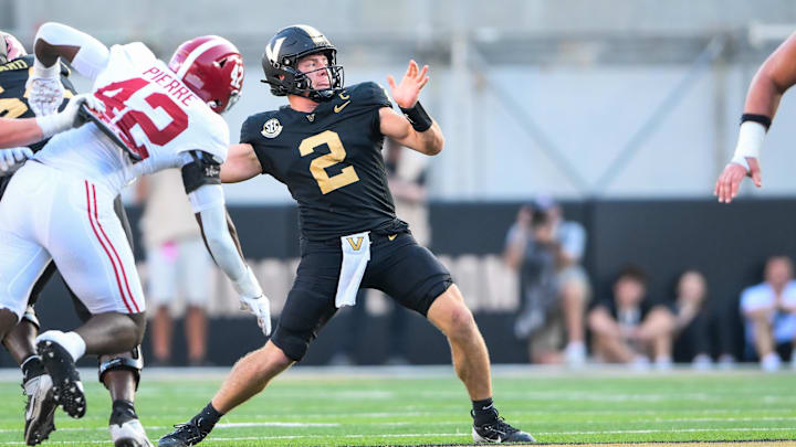 Oct 5, 2024; Nashville, Tennessee, USA;  Vanderbilt Commodores quarterback Diego Pavia (2) throws a pass against the Alabama Crimson Tide during the second half at FirstBank Stadium. Mandatory Credit: Steve Roberts-Imagn Images