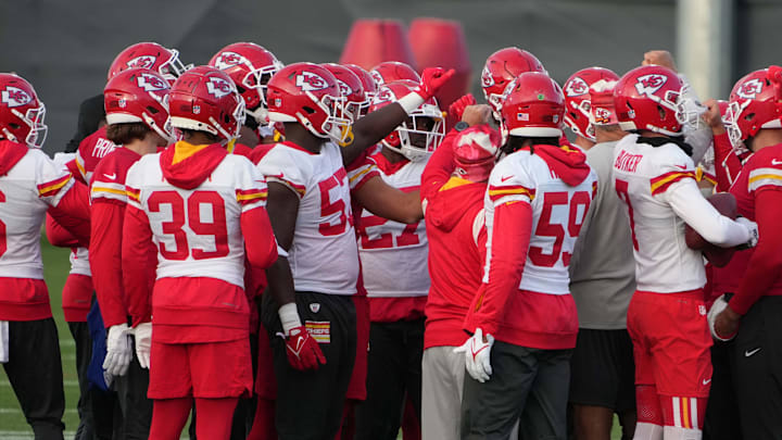Nov 3, 2023; Frankfurt, Germany; Kansas City Chiefs players huddle during practice at DFB Campus. Mandatory Credit: Kirby Lee-USA TODAY Sports