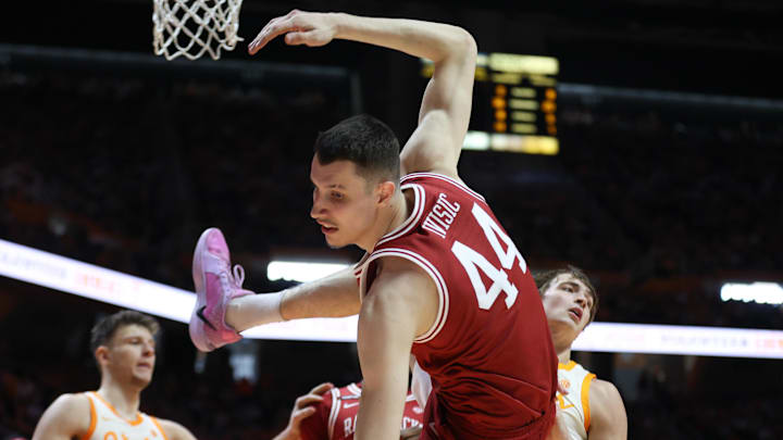 Arkansas Razorbacks forward Zvonimir Ivisic (44) falls out of bounds after being fouled by the Tennessee Volunteers during the second half at Thompson-Boling Arena at Food City Center. Arkansas Razorbacks forward Zvonimir Ivisic (44) falls out of bounds after being fouled by the Tennessee Volunteers during the second half at Thompson-Boling Arena at Food City Center.