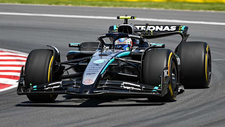 Jun 15, 2025; Montreal, Quebec, Canada; Mercedes driver Kimi Antonelli (12) during the F1 Canadian Grand Prix at Circuit Gilles-Villeneuve. Mandatory Credit: David Kirouac-Imagn Images Jun 15, 2025; Montreal, Quebec, Canada; Mercedes driver Kimi Antonelli (12) during the F1 Canadian Grand Prix at Circuit Gilles-Villeneuve. Mandatory Credit: David Kirouac-Imagn Images