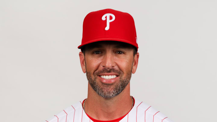 Feb 23, 2023; Clearwater, FL, USA; Philadelphia Phillies assistant pitching coach/director of pitching development Brian Kaplan (93) during photo day at BayCare Ballpark. Mandatory Credit: Nathan Ray Seebeck-Imagn Images