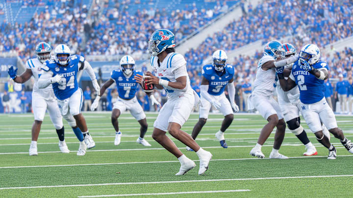 Ole Miss quarterback Austin Simmons (13) dropped back to pass as the Kentucky Wildcats faced off against the Ole Miss Rebels at Kroger Field in Lexington, Kentucky on Saturday, September 6, 2025. Ole Miss defeated Kentucky, 30-23.