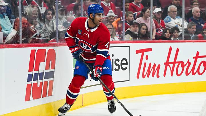 Montreal Canadiens defenseman Jayden Struble (47) plays the puck along the boards against the Toronto Maple Leafs during the first period at Bell Centre. Mandatory Credit: David Kirouac-Imagn Images Montreal Canadiens defenseman Jayden Struble (47) plays the puck along the boards against the Toronto Maple Leafs during the first period at Bell Centre. Mandatory Credit: David Kirouac-Imagn Images