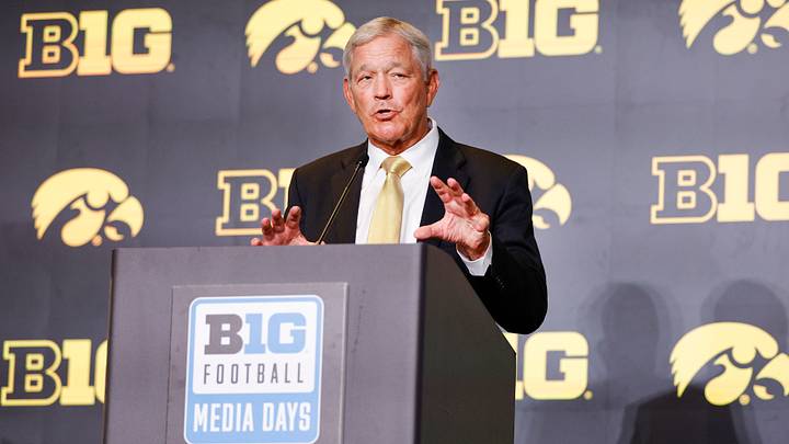 Jul 28, 2026; Chicago, IL, USA; Iowa Football head coach Kirk Ferentz speaks during Media Days at Hilton Chicago. Mandatory Credit: Kamil Krzaczynski-Imagn Images