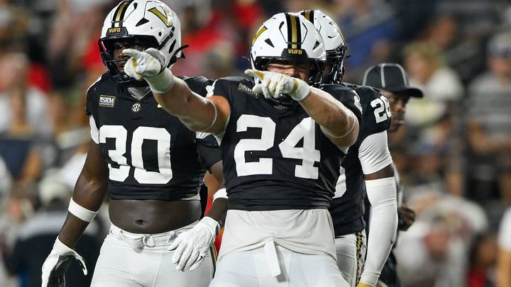 Sep 5, 2026; Nashville, Tennessee, USA; Vanderbilt Commodores linebacker Nick Rinaldi (24) celebrates a tackle for loss against the Austin Peay Governors during the second half at FirstBank Stadium. Mandatory Credit: Steve Roberts-Imagn Images Sep 5, 2026; Nashville, Tennessee, USA; Vanderbilt Commodores linebacker Nick Rinaldi (24) celebrates a tackle for loss against the Austin Peay Governors during the second half at FirstBank Stadium. Mandatory Credit: Steve Roberts-Imagn Images