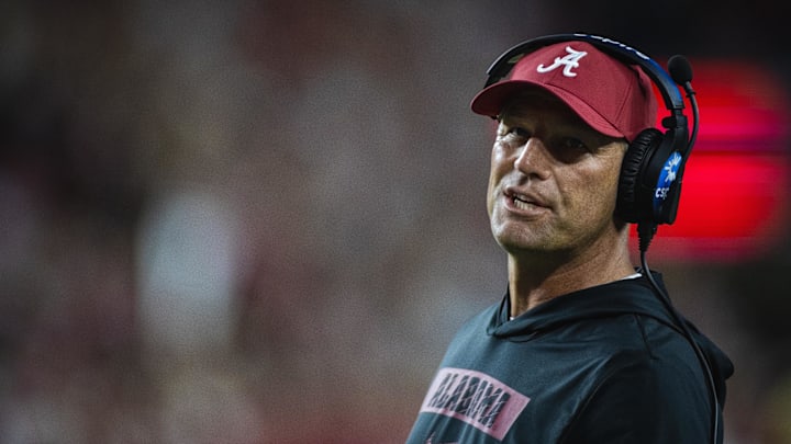 Sep 28, 2024; Tuscaloosa, Alabama, USA; Alabama Crimson Tide head coach Kalen DeBoer on the sideline during the third quarter against the Georgia Bulldogs at Bryant-Denny Stadium. Mandatory Credit: Will McLelland-Imagn Images Sep 28, 2024; Tuscaloosa, Alabama, USA; Alabama Crimson Tide head coach Kalen DeBoer on the sideline during the third quarter against the Georgia Bulldogs at Bryant-Denny Stadium. Mandatory Credit: Will McLelland-Imagn Images