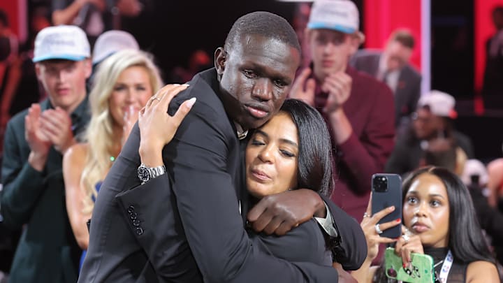 Jun 25, 2025; Brooklyn, NY, USA; Khaman Maluach celebrates after being selected as the tenth pick by the Houston Rockets in the first round of the 2025 NBA Draft at Barclays Center. Mandatory Credit: Brad Penner-Imagn Images Jun 25, 2025; Brooklyn, NY, USA; Khaman Maluach celebrates after being selected as the tenth pick by the Houston Rockets in the first round of the 2025 NBA Draft at Barclays Center. Mandatory Credit: Brad Penner-Imagn Images