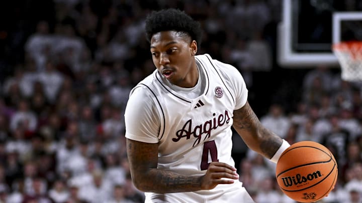 Jan 18, 2025; College Station, Texas, USA; Texas A&M Aggies guard Wade Taylor IV (4) dribbles the ball during the first half against the LSU Tigers at Reed Arena. The Aggies defeated the Tigers 68-57. Mandatory Credit: Maria Lysaker-Imagn Images Jan 18, 2025; College Station, Texas, USA; Texas A&M Aggies guard Wade Taylor IV (4) dribbles the ball during the first half against the LSU Tigers at Reed Arena. The Aggies defeated the Tigers 68-57. Mandatory Credit: Maria Lysaker-Imagn Images