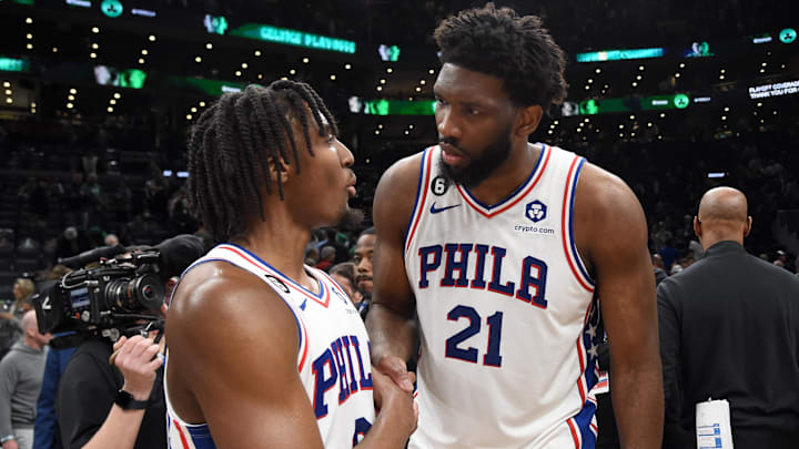 May 9, 2023; Boston, Massachusetts, USA; Philadelphia 76ers guard Tyrese Maxey (0) and center Joel Embiid (21) shake hands after defeating the Boston Celtics in game five of the 2023 NBA playoffs at TD Garden. Mandatory Credit: Bob DeChiara-Imagn Images