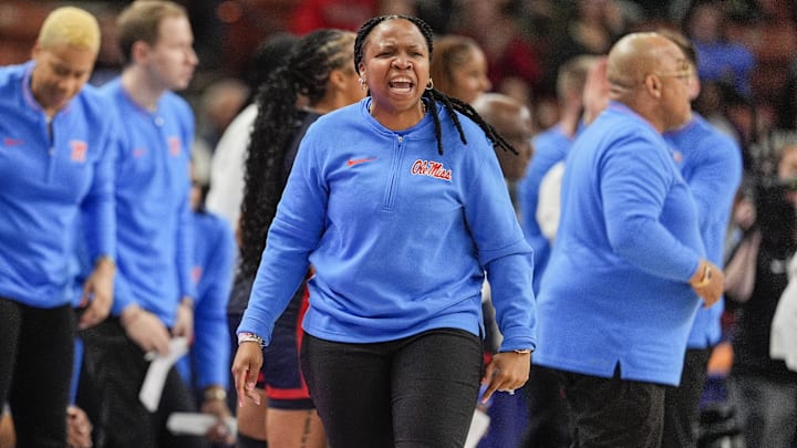 Mar 7, 2025; Greenville, SC, USA;  Ole Miss Rebels head coach Yolett McPhee-McCuin reacts to a play  during the first half against the Texas Longhorns at Bon Secours Wellness Arena. Mandatory Credit: Jim Dedmon-Imagn Images