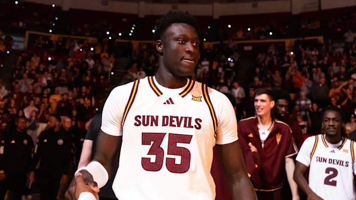 Jan 3, 2026; Tempe, Arizona, USA; Arizona State Sun Devils center Massamba Diop (35) against the Colorado Buffaloes at Desert Financial Arena.