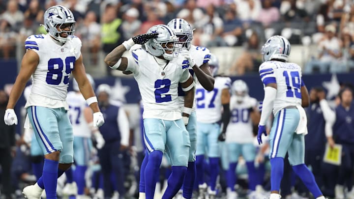 Sep 14, 2025; Arlington, Texas, USA; Dallas Cowboys safety Juanyeh Thomas (2) reacts after a play against the New York Giants during the second quarter at AT&T Stadium. Mandatory Credit: Kevin Jairaj-Imagn Images Sep 14, 2025; Arlington, Texas, USA; Dallas Cowboys safety Juanyeh Thomas (2) reacts after a play against the New York Giants during the second quarter at AT&T Stadium. Mandatory Credit: Kevin Jairaj-Imagn Images