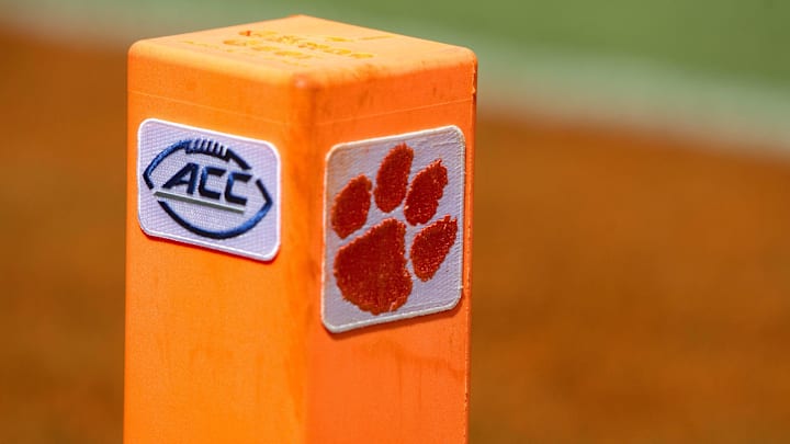 Sep 6, 2014; Clemson, SC, USA; General view of a pylon with the ACC logo during the second half of the game against the Clemson Tigers and the South Carolina State Bulldogs at Clemson Memorial Stadium. Tigers won 73-7.