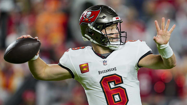 Nov 4, 2024; Kansas City, Missouri, USA; Tampa Bay Buccaneers quarterback Baker Mayfield (6) throws a pass during the first half against the Kansas City Chiefs at GEHA Field at Arrowhead Stadium. Mandatory Credit: Jay Biggerstaff-Imagn Images